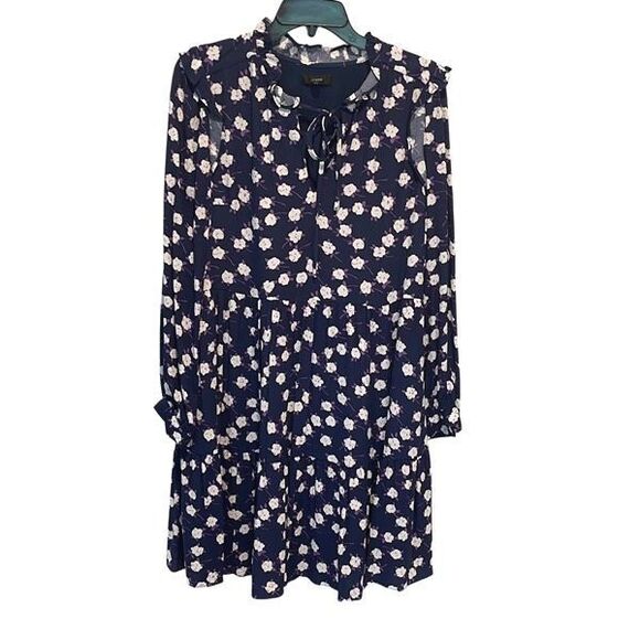 J. Crew Tie-neck tiered dress in scattered peony print Navy White Purple Size Sm - Picture 3 of 11